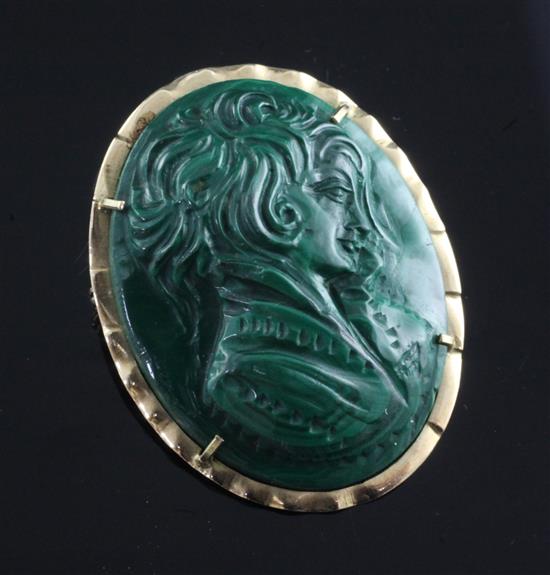An oval malachite cameo brooch-cum-pendant carved in relief with the bust of a young woman, in 14K gold mount 38mm.